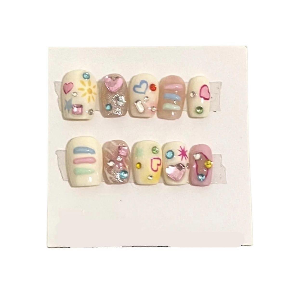 Handmade Retro Press On Nails Short Cute Fake Nails with Artistic Design Size M 1 Count