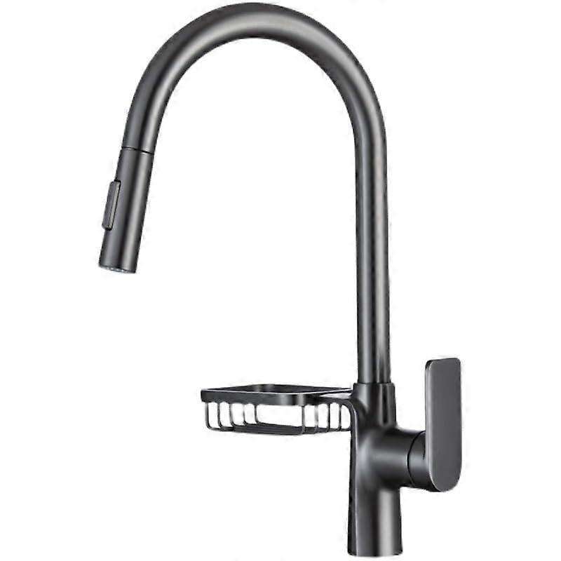 Gray Pull Out Kitchen Faucet with Dual Water Modes, Single Hole Rotatable Brass Sink Tap