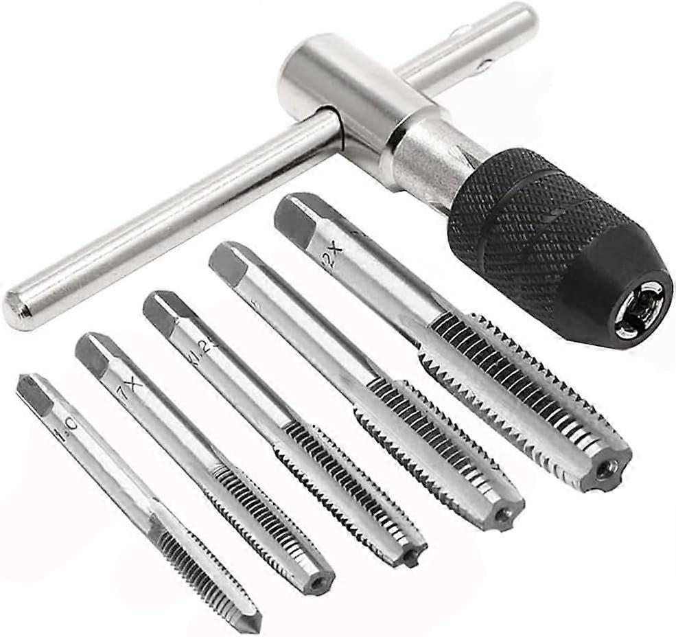 6 Pcs Adjustable T-Handle Tap Wrench Set Ratchet Tap Holder Wrench with 5pcs Metric M3 M4 M5 M6 M8 Machine Screw Taps Kit T Type Thread Tapping Tool