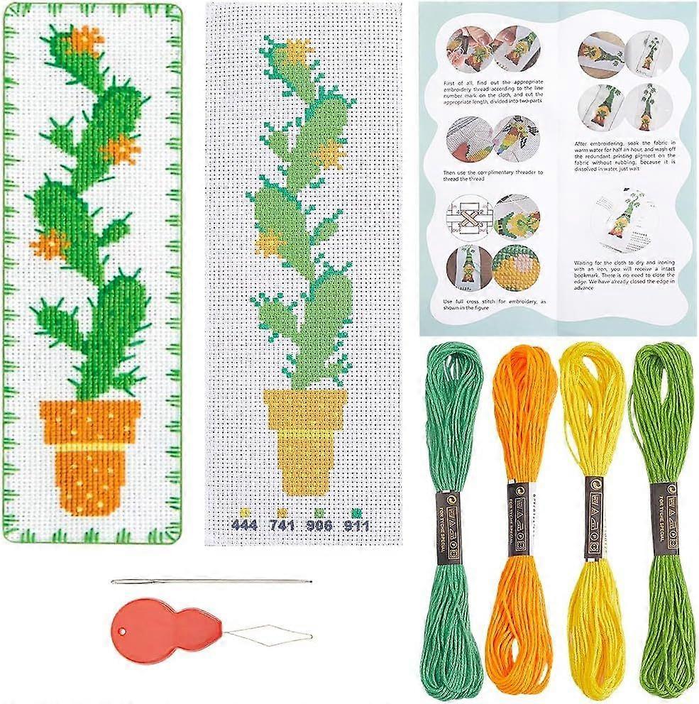 2 Sets Stitch Bookmark Kit Bookmark Making Kit Plant Cactus Stitching Embroidery Book Marks with Paper Instruction Crossstitch Projects for Beginners 