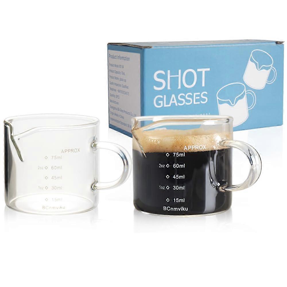 2 Pack 75ml Espresso Measuring Cup with Handle, Clear Glass VSpout Shot Glass for Coffee