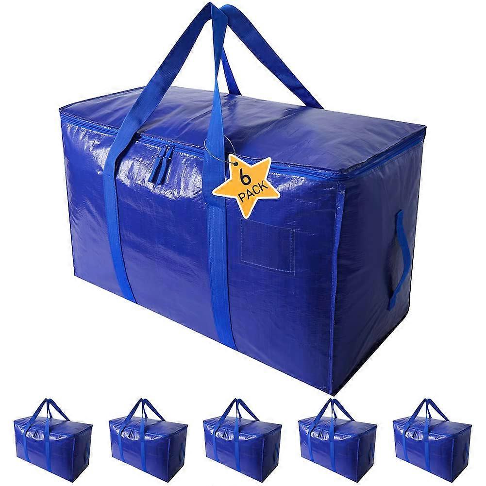 Extra Large Moving Bags with Zippers and Reinforced Handles, Heavy Duty Waterproof Storage Tote Set of 6 Blue