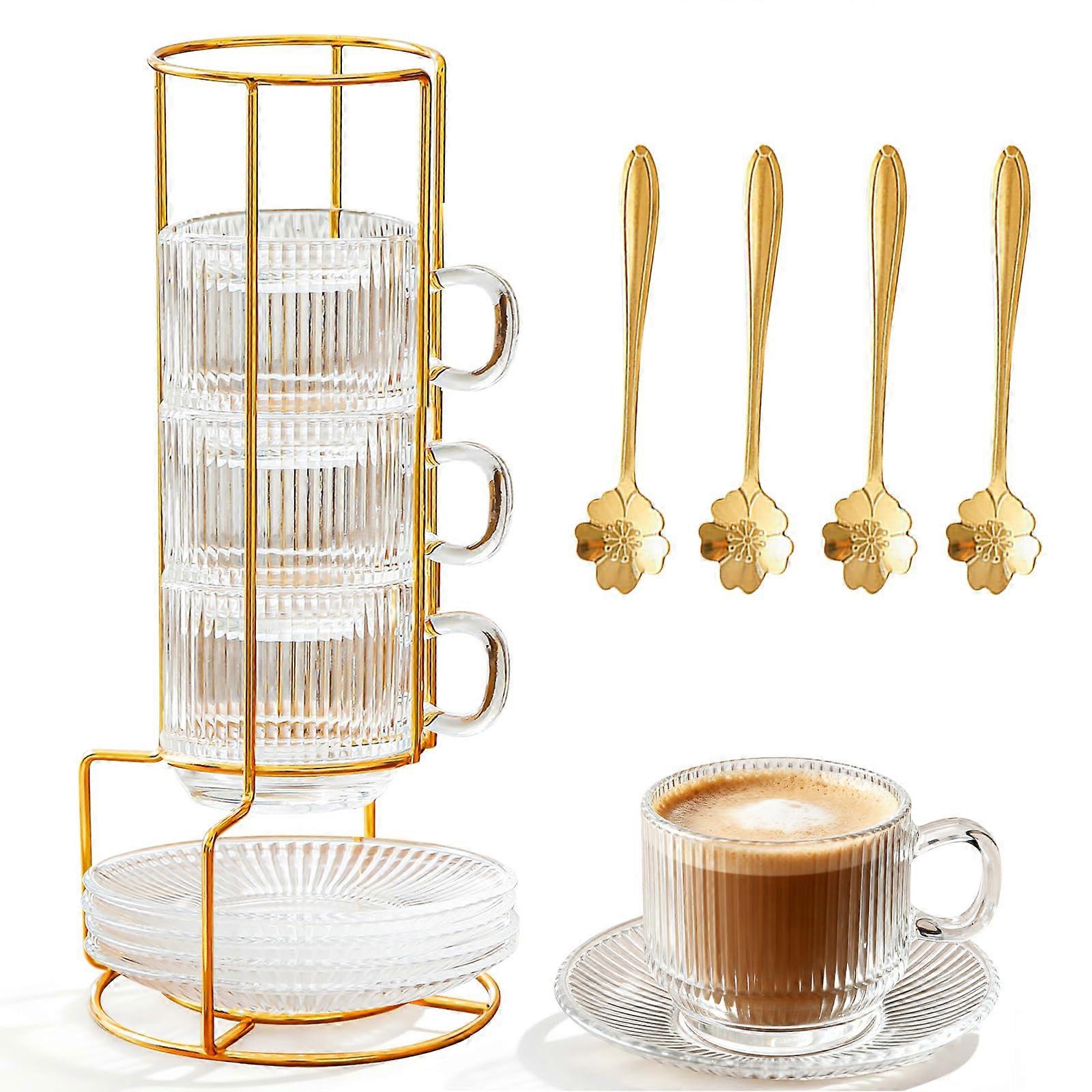 Espresso Cups Set 5.4oz Clear Glass with Saucers Spoons, Stackable 13Piece Coffee Cup Stand