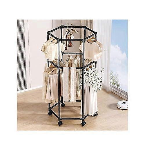 Hexagonal Rolling Garment Rack, SpaceSaving Clothes Drying Stand with Wheels for Home and Retail, Durable Black 40x80x178cm