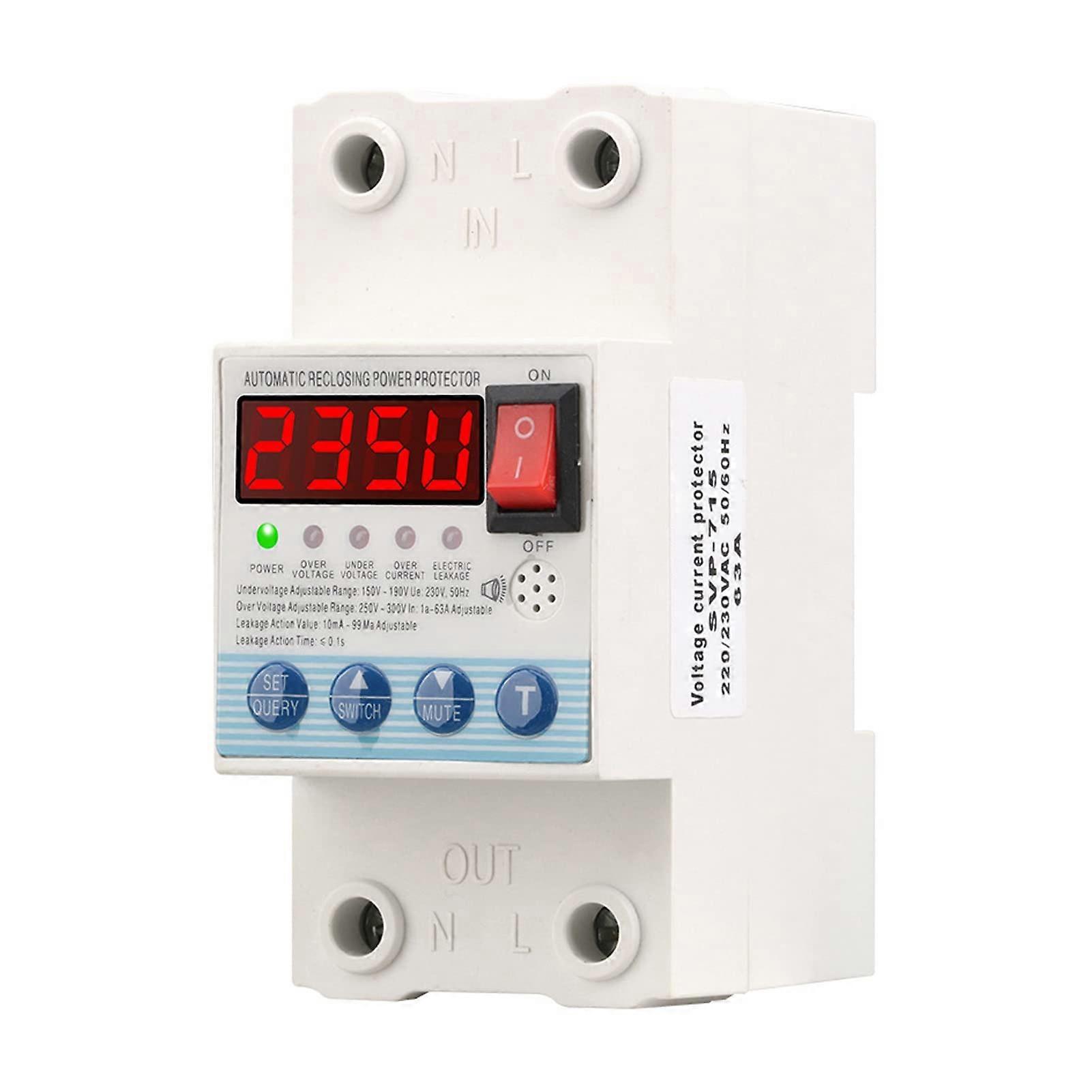 Voltage Protector 63A Adjustable Over Under Voltage Protection with Automatic Reset Leakage Circuit Breaker AC230V