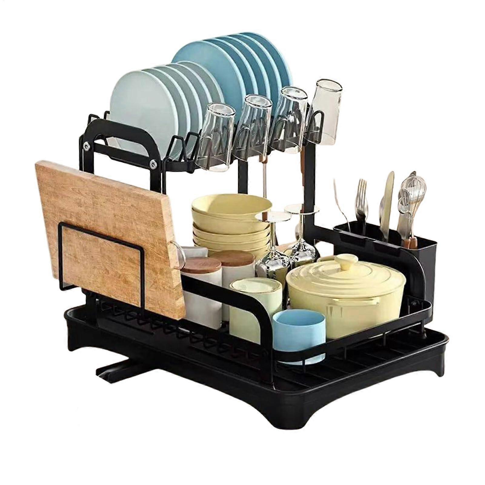 2 Tier Dish Drying Rack with Utensil Holder, Rust Resistant Kitchen Dish Drainer with Drain Tray