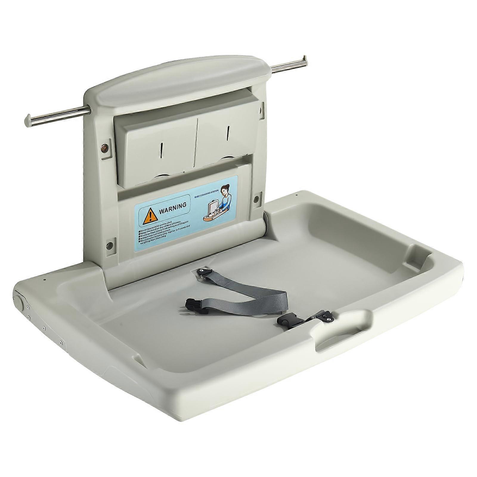 Baby Changing Station Wall Mounted Fold Down Table with Safety Strap and Easy Clean Surface Grey