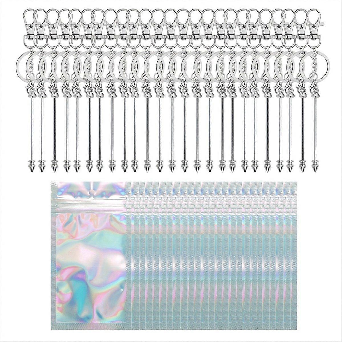 Beadable Keychains Making Kit , Beadable Keychains Bar Blank Silver Beaded Key Chain Making Kit for 