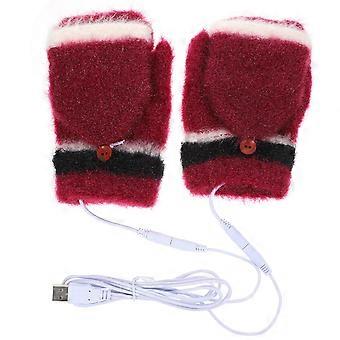 USB Heated Gloves for Winter Use Red Knitted Half Finger 1Pair