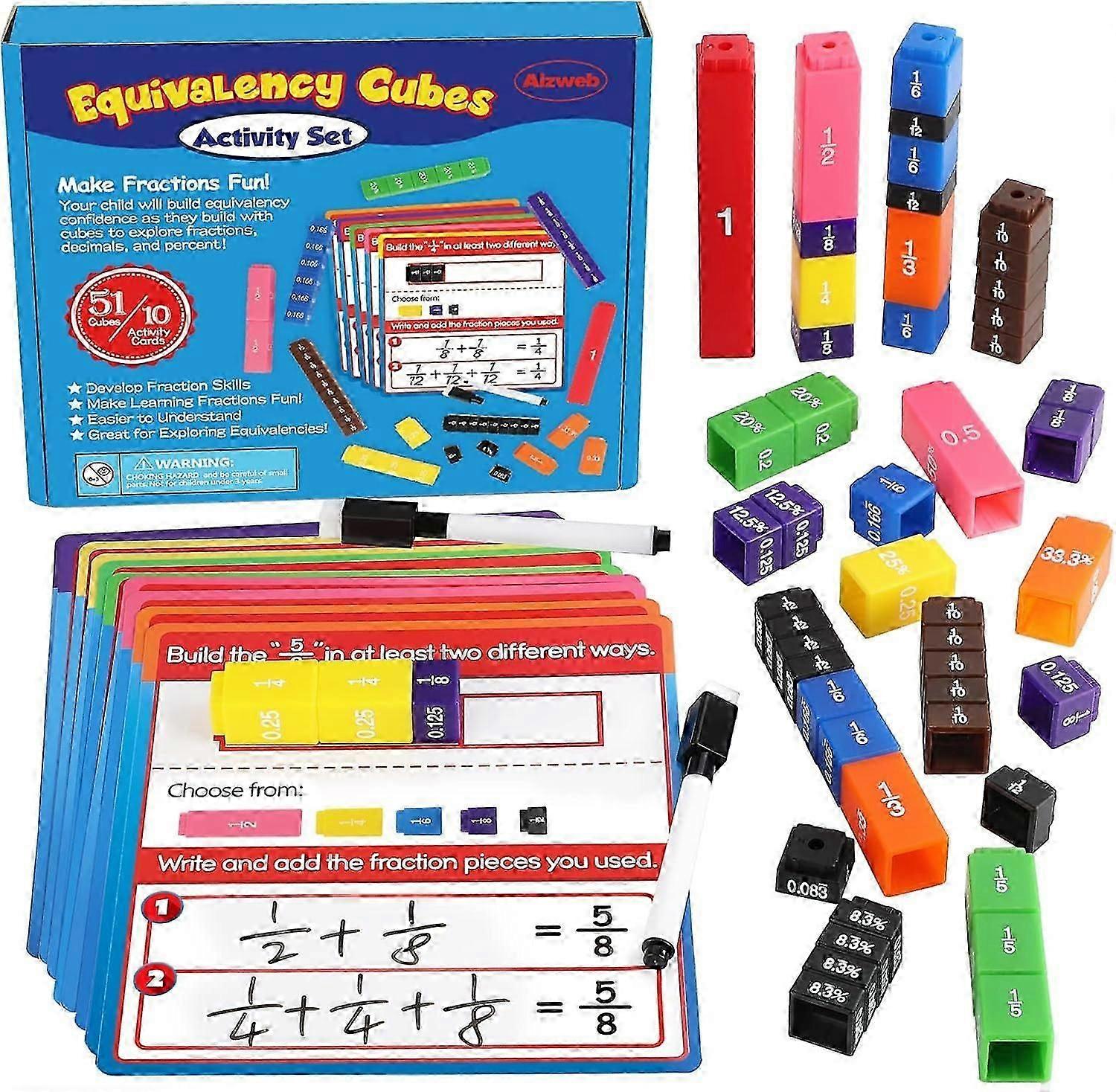 Aizweb Interlocking Fraction Cubes Activity Set - Math Manipulatives for Elementary School, Equivalent Fraction Manipulatives