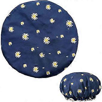 Women's shower cap, double layer, waterproof, with unique floral pattern, reusable, compatible with long and short hair (blue)