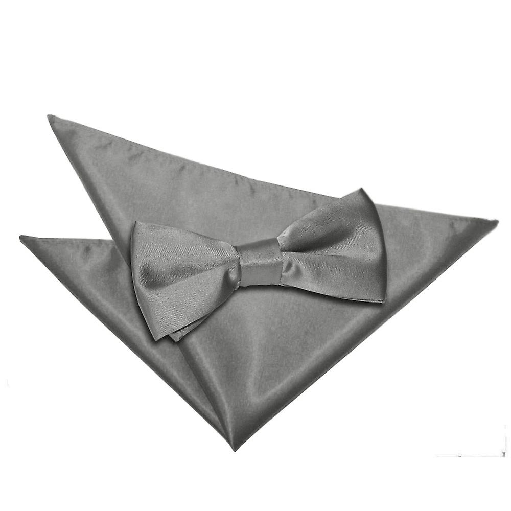 Platinum Plain Satin Bow Tie and Pocket Square Set