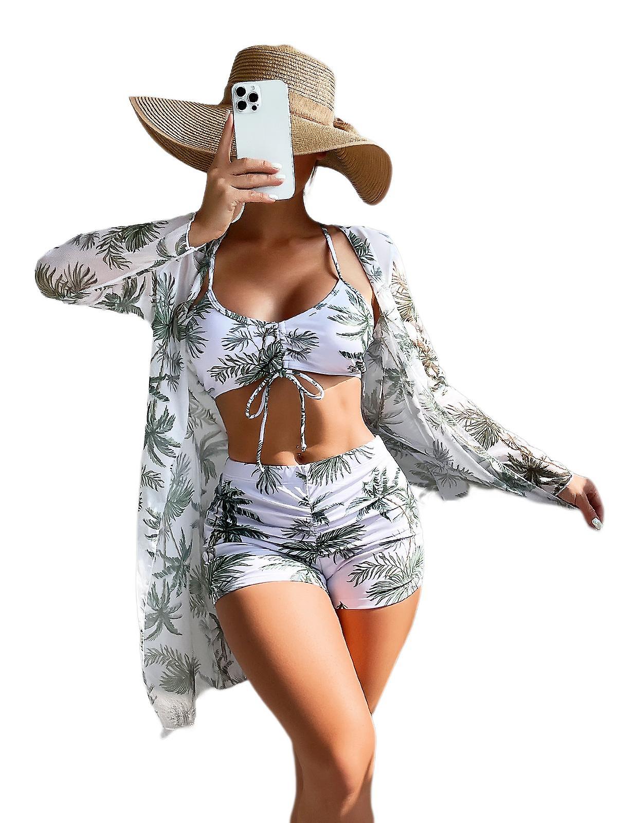 Swimwear Women's Split Three-piece High Waist Long-sleeved Blouse With Drawstring