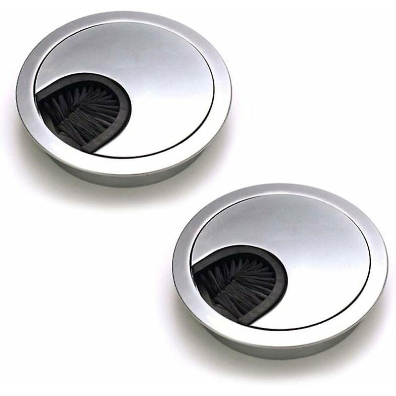 Set of 2 Round Built-in Cable Passes, Brushed Steel Design Metal Cable Pass, Cable Storage for Office Table Diameter 60 mm - Silver Pearl Chrome,