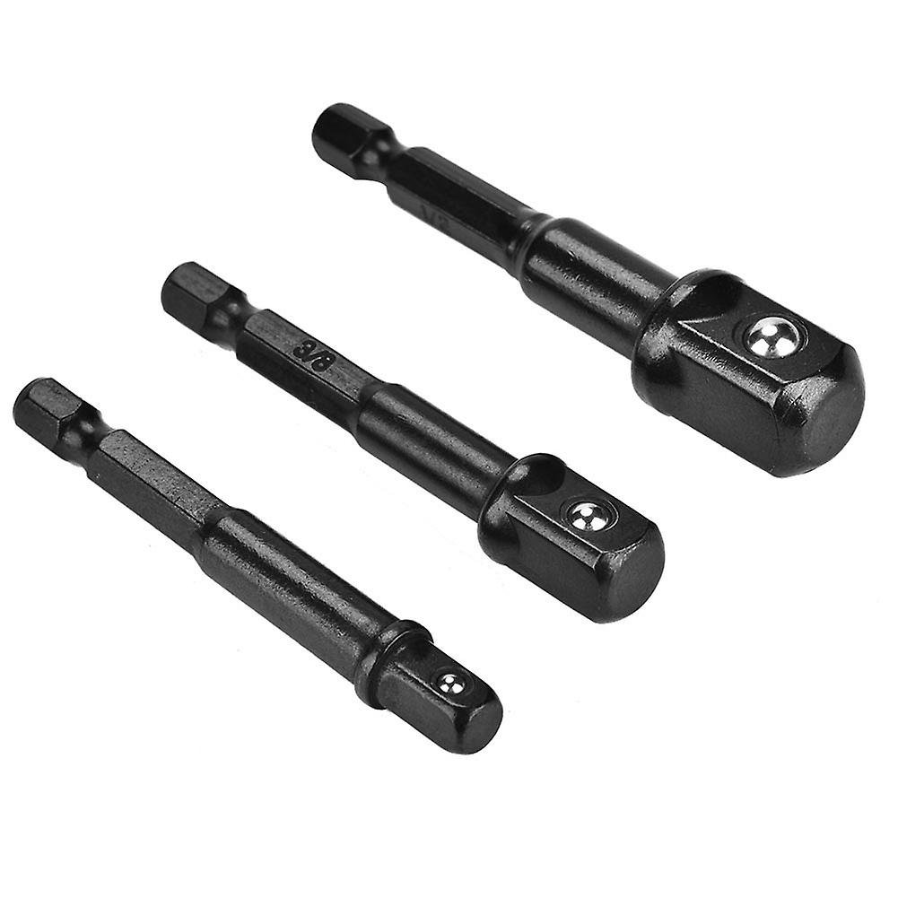 3-Piece Black Socket Adapter, 1/4" Hex Shank to 1/4", 3/8", 1/2" Square Head