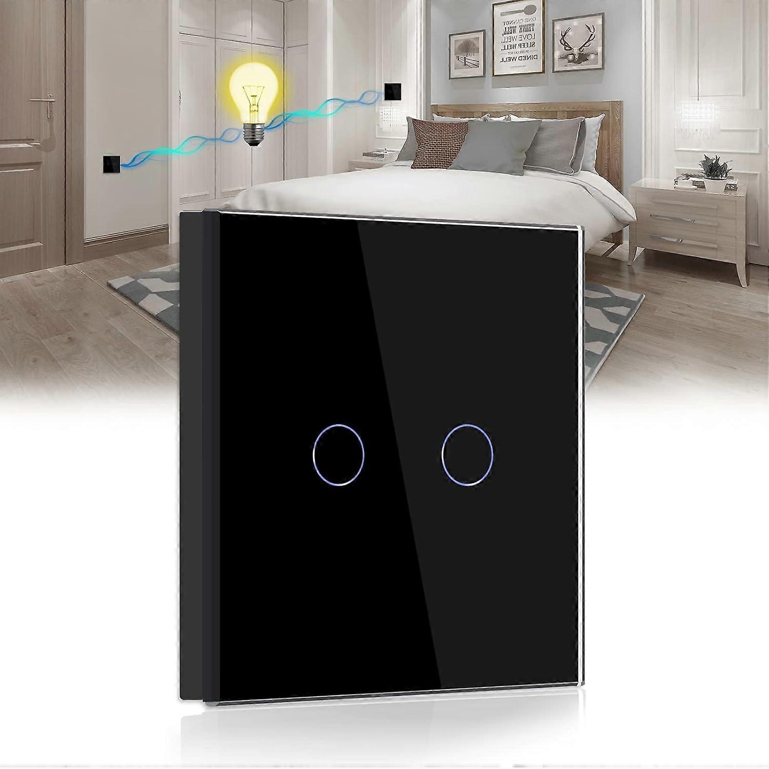 Tactile toggle switch,Black 2 Gang 2 Way Light Switch with LED Display Light,Tactile Switch with Tactile Sensor Crystal Glass Panel-No Neutral wire