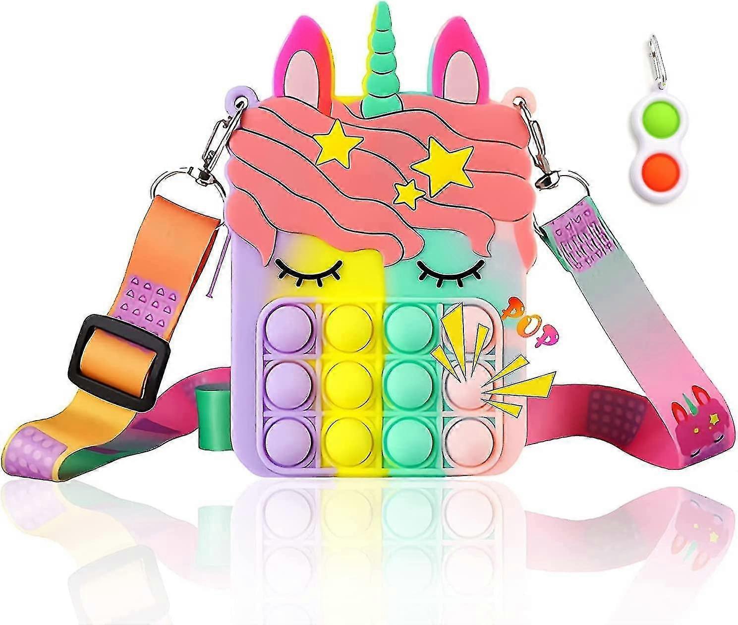 女の子と女性のためのTridkidユニコーンポップ財布バッグ、感覚ポップフィジェットおもちゃクロスボディショルダーバッグ、学生子供のための素敵なシリコン漫画バッグ(雨)