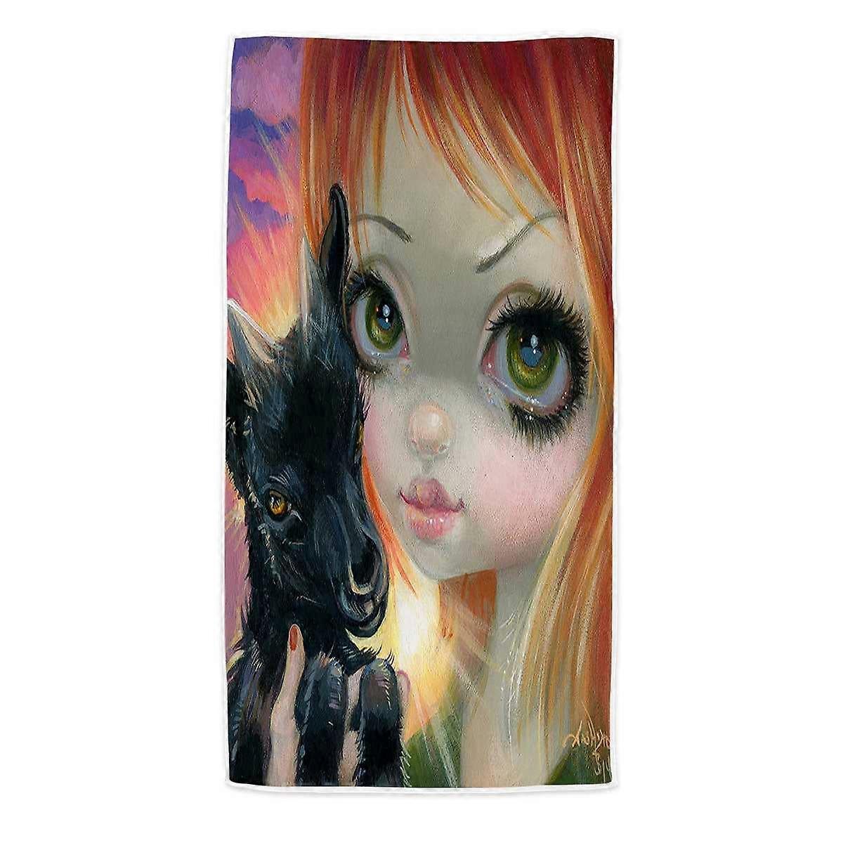 Faces of Faery #224 Sunset Girl with Her Baby Goat Microfiber Beach Towel