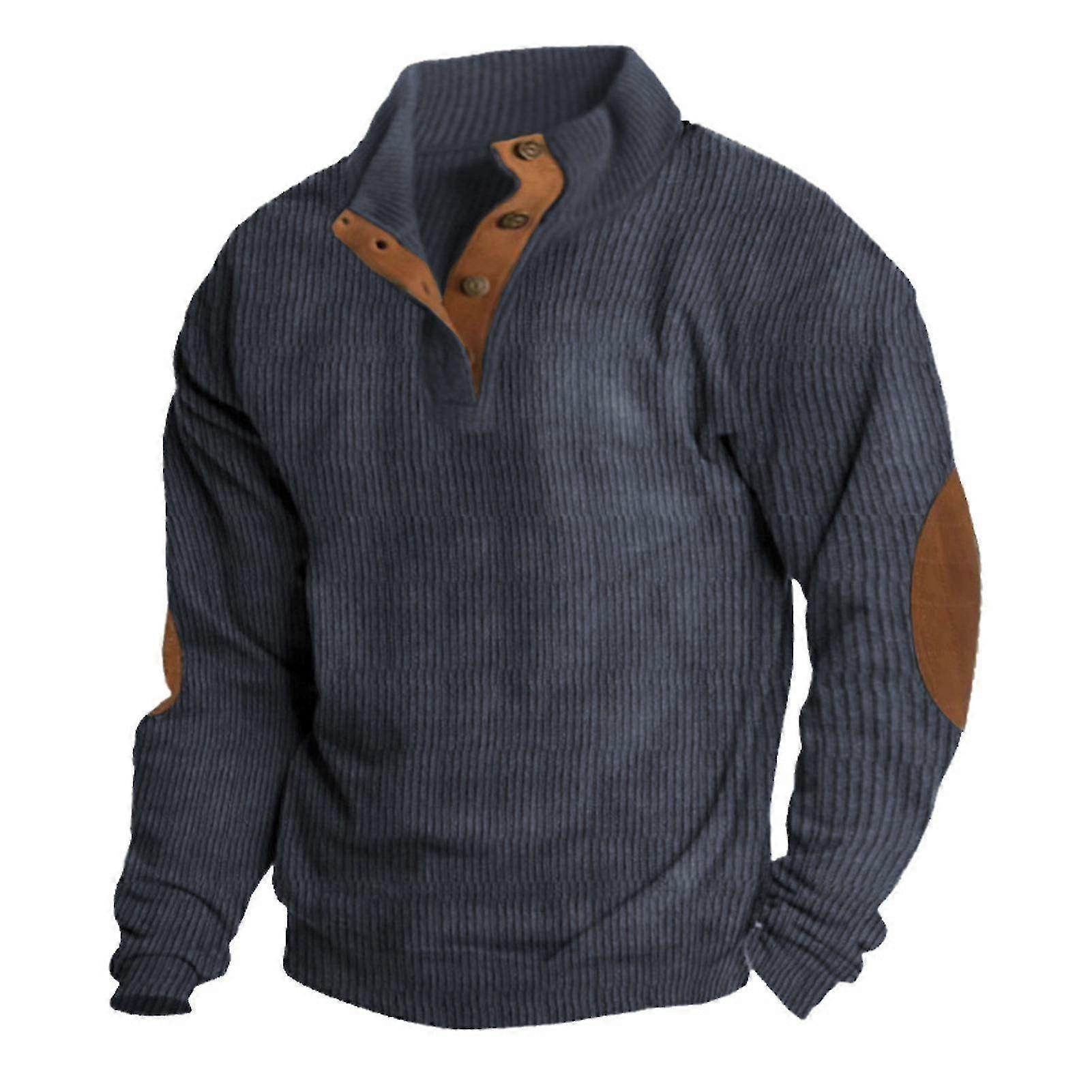 Men's Sweater Retro Button Patchwork Classic Versatile Stand Collar Autumn Winter Pullover Sweater