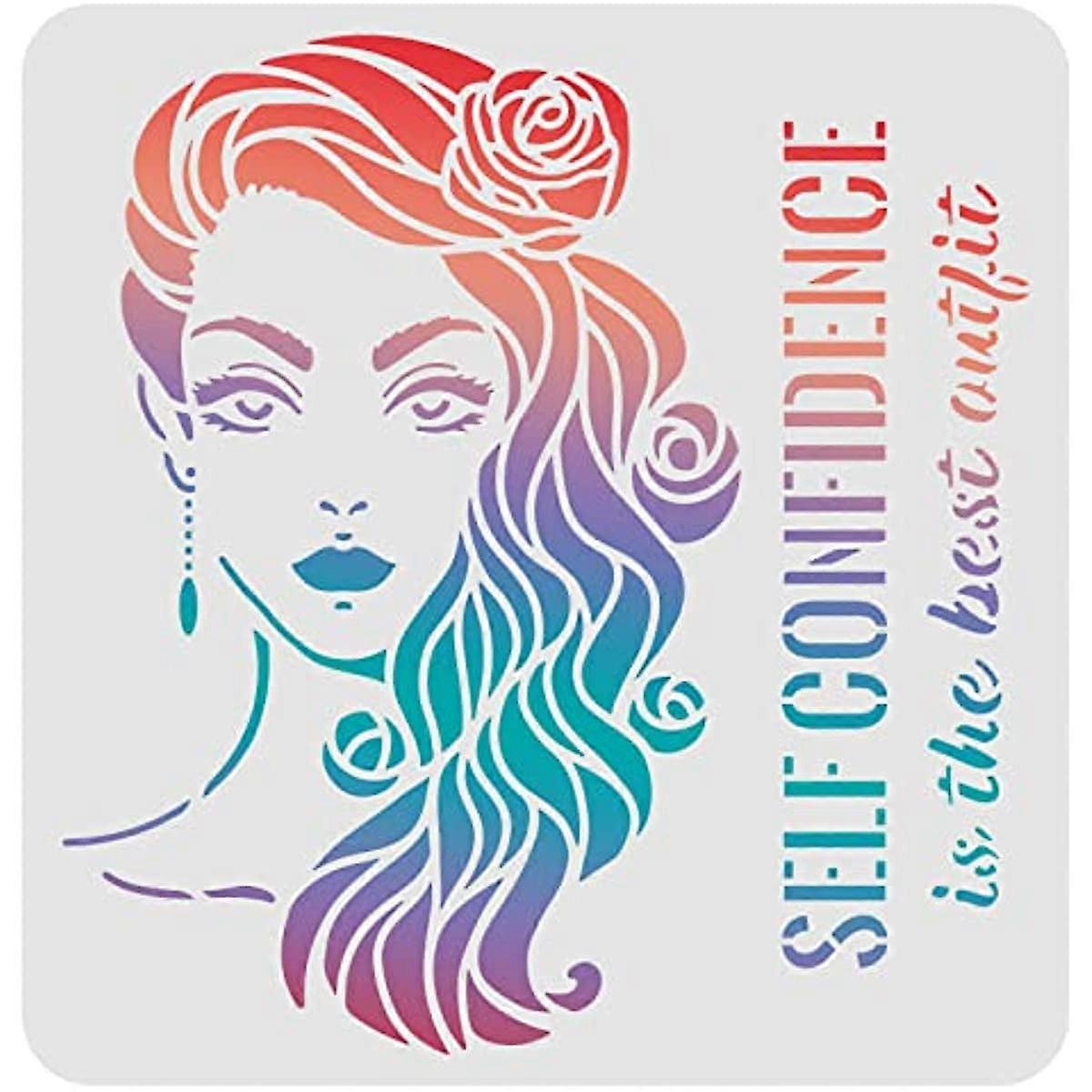 Confident Woman Drawing Painting Stencils Templates (11.8x11.8 inch) Self-Confidence is The Best Outfit Square Reusable Stencils for Painting on Wood