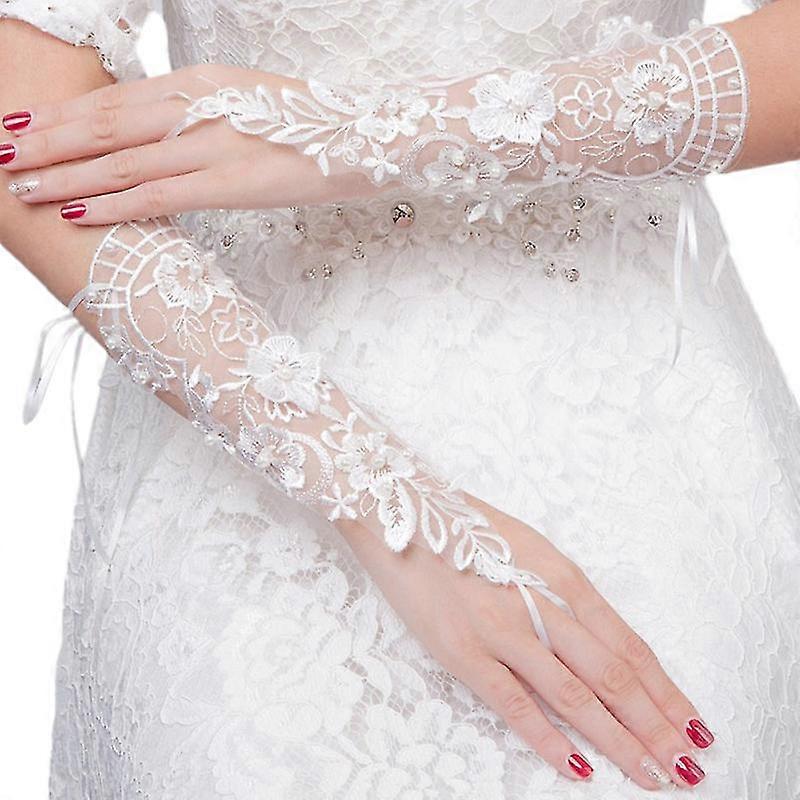 1 زوج أزياء العروس الدانتيل التطريز زهرة الندى قفازات إصبع جوفاء خارج ضمادة قفازات فستان الزفاف اكسسوارات St2023 (أبيض)