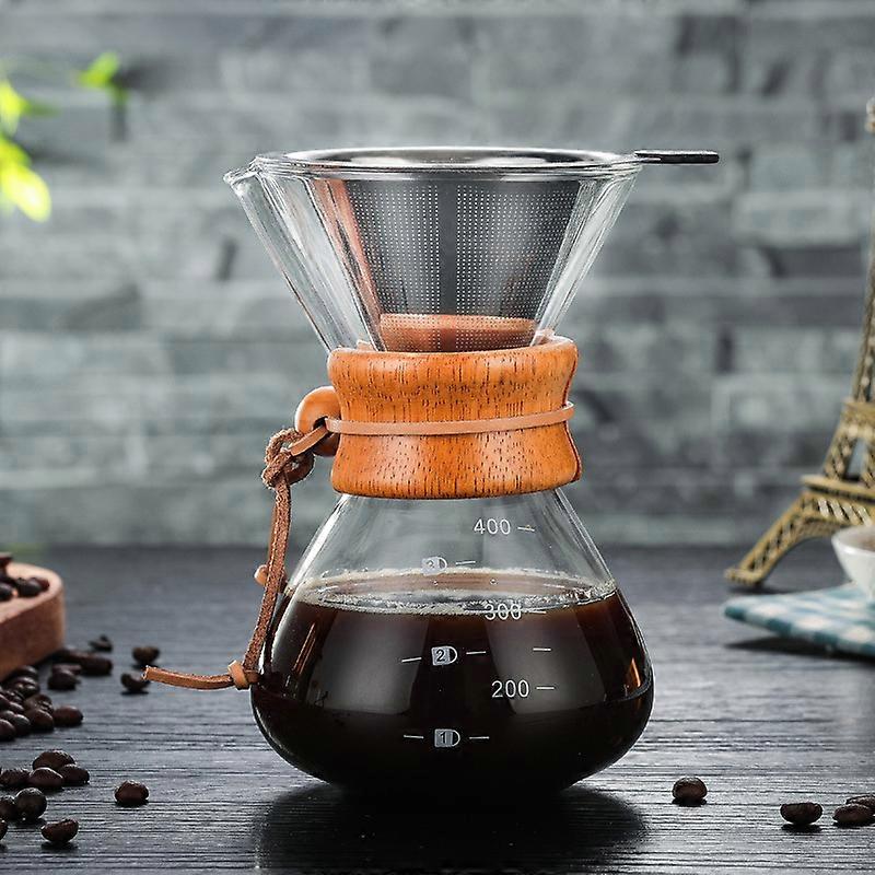 High Temperature Resistant Glass Manual Drip Coffee Pot with Wooden Collar Filter