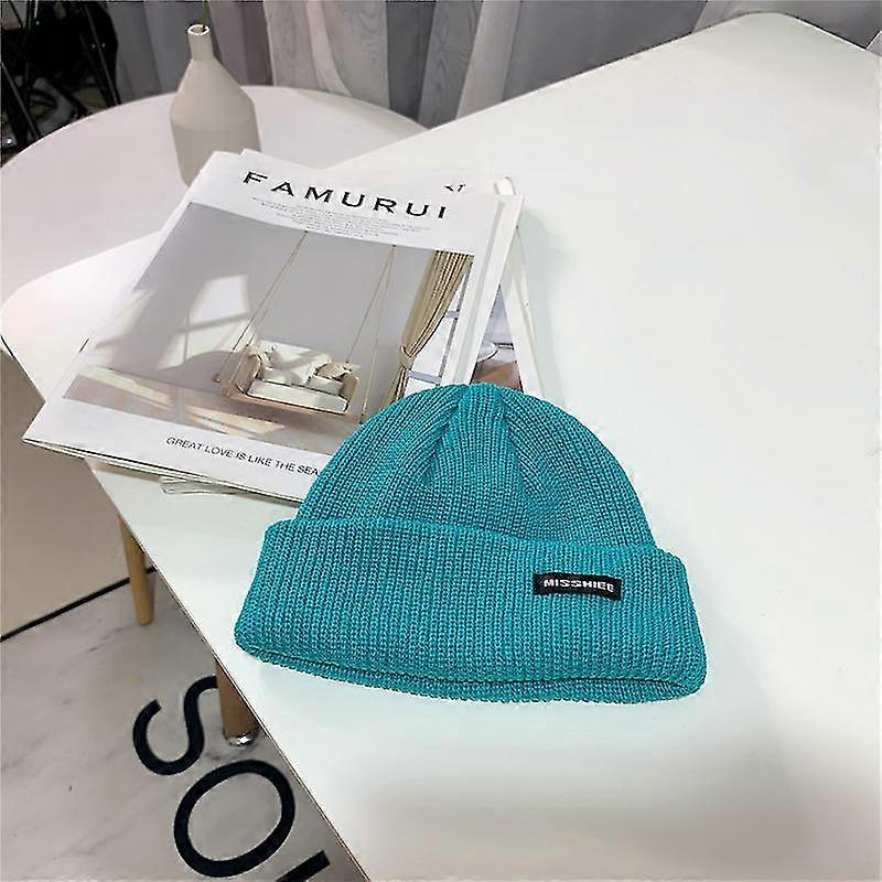 Men's And Women's Winter Knitted Warm Hats Solid Color Flanging To Keep Warm (lake Blue)