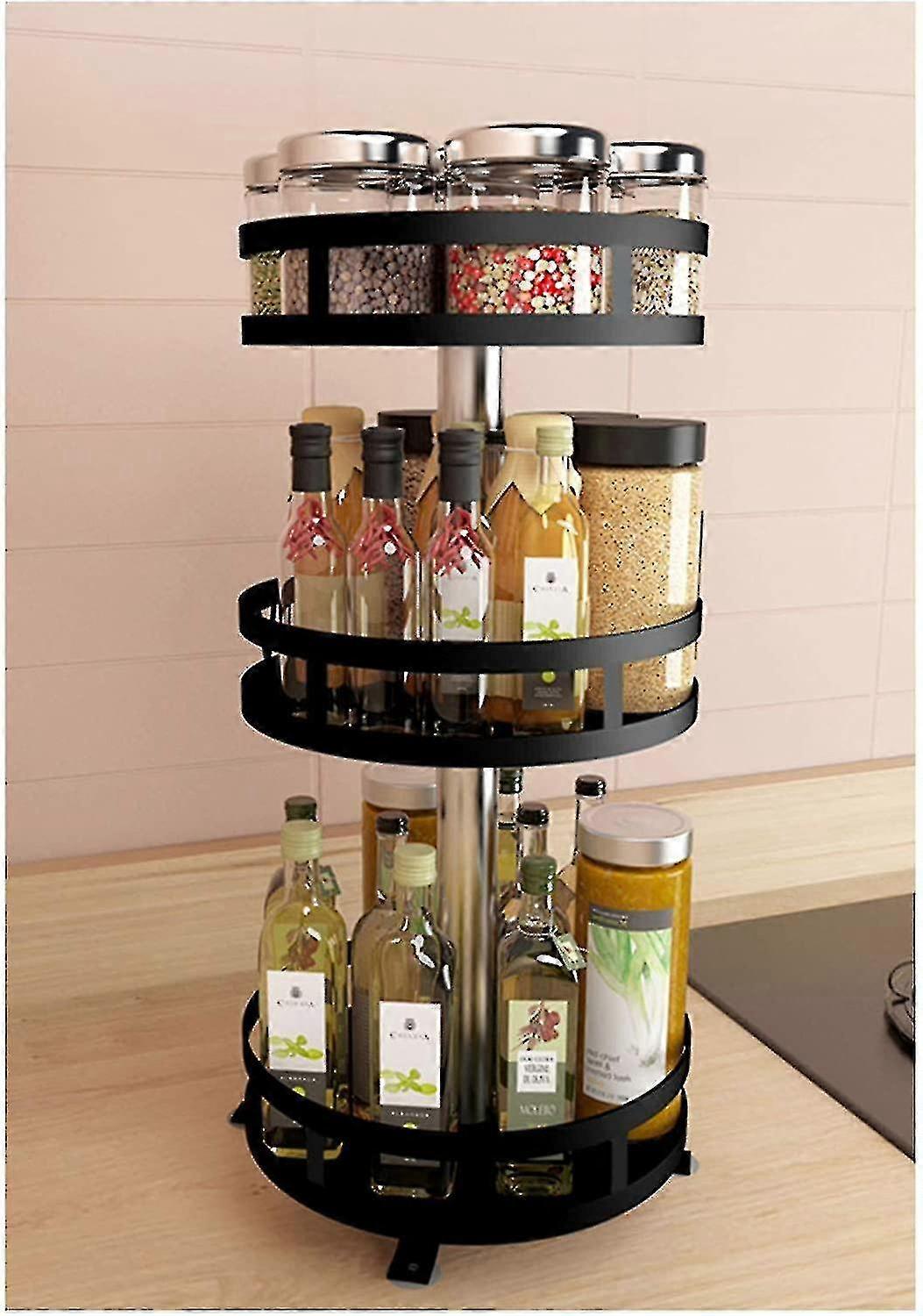Black Kitchen Cabinet Turntable Spice Rack Metal Rotating Tray Round Spice Hub Rotating 360 Degrees