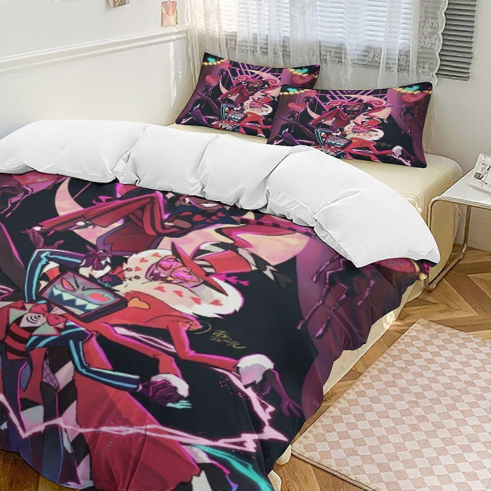 v346 Hazbin Hotel 2 Cama Capa de Edredom Conjuntos de Cama de Microfibra Conjuntos de Edredom Leve de 3 Peças, 1 Capa de Edredom e 2 Fronhas para Crianças aa346