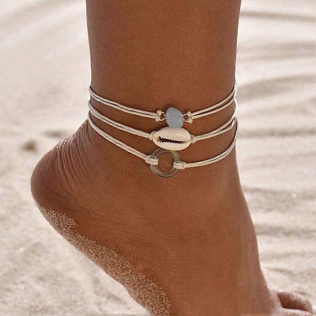 Set of 3 Bohemian style anklets with shell, ring and pearl - For women and girls