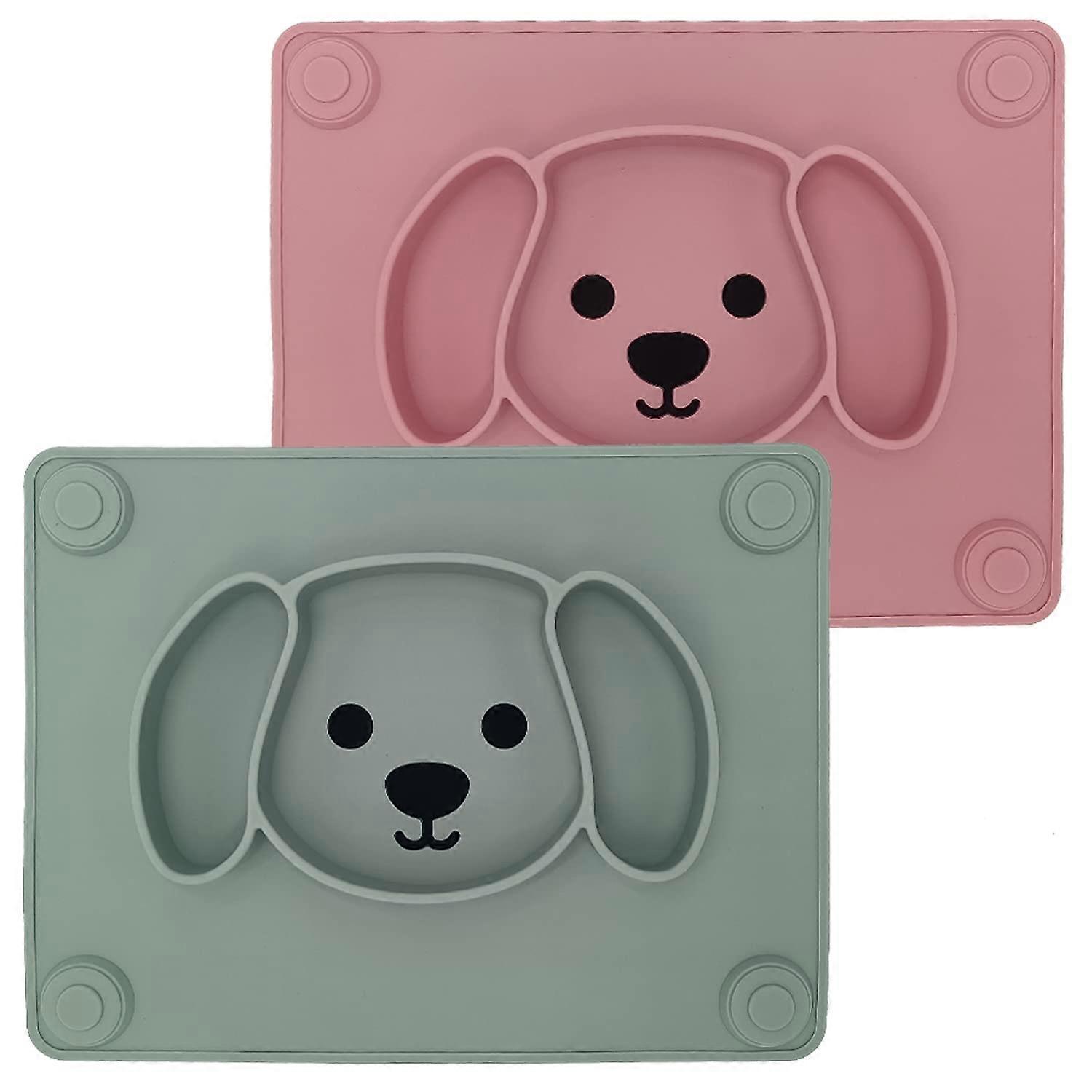 Baby Silicone Suction Placemat + Plates - Food Feeding Divided Mat for Kids and Toddlers Fits Most Highchair Trays - Easily Wipe Clean (Light Pink &