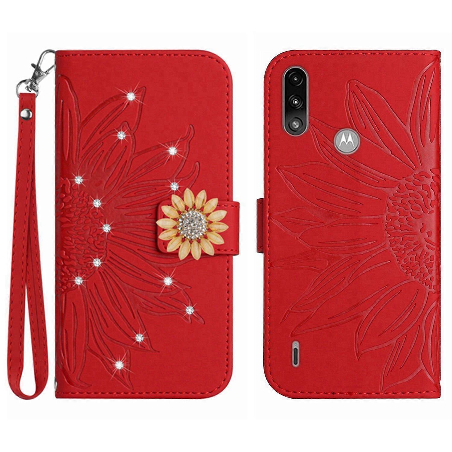 Compatible With Motorola Moto E7 Power Embossed Sunflower with Diamonds Magnetic Card Holder Wallet Phone Case with Short Strap