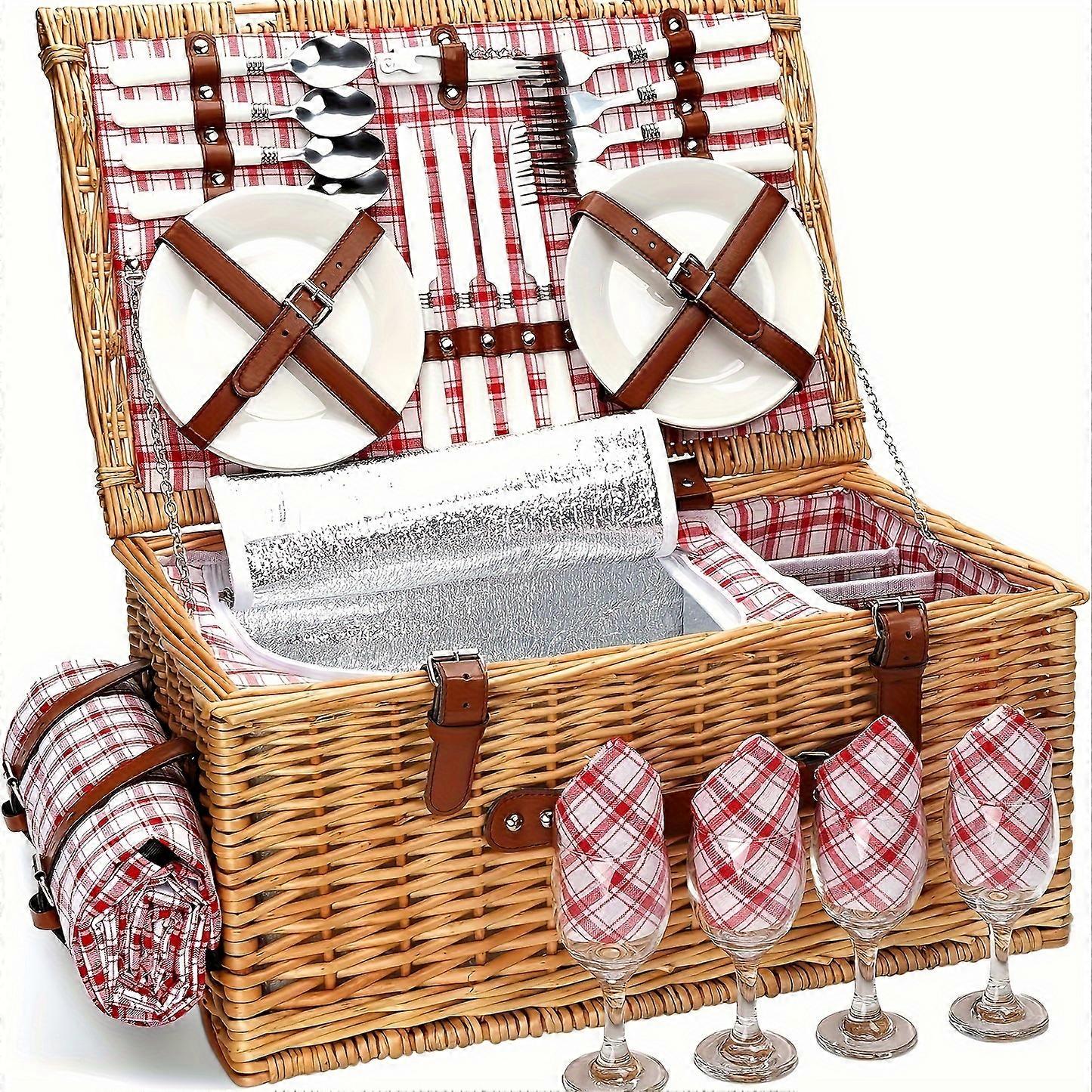 1pc Wicker Picnic Basket Set With Waterproof Picnic Blanket And Large Insulated Cooler Compartment, Includes Stainless Steel Cutlery, Glassware, Plate