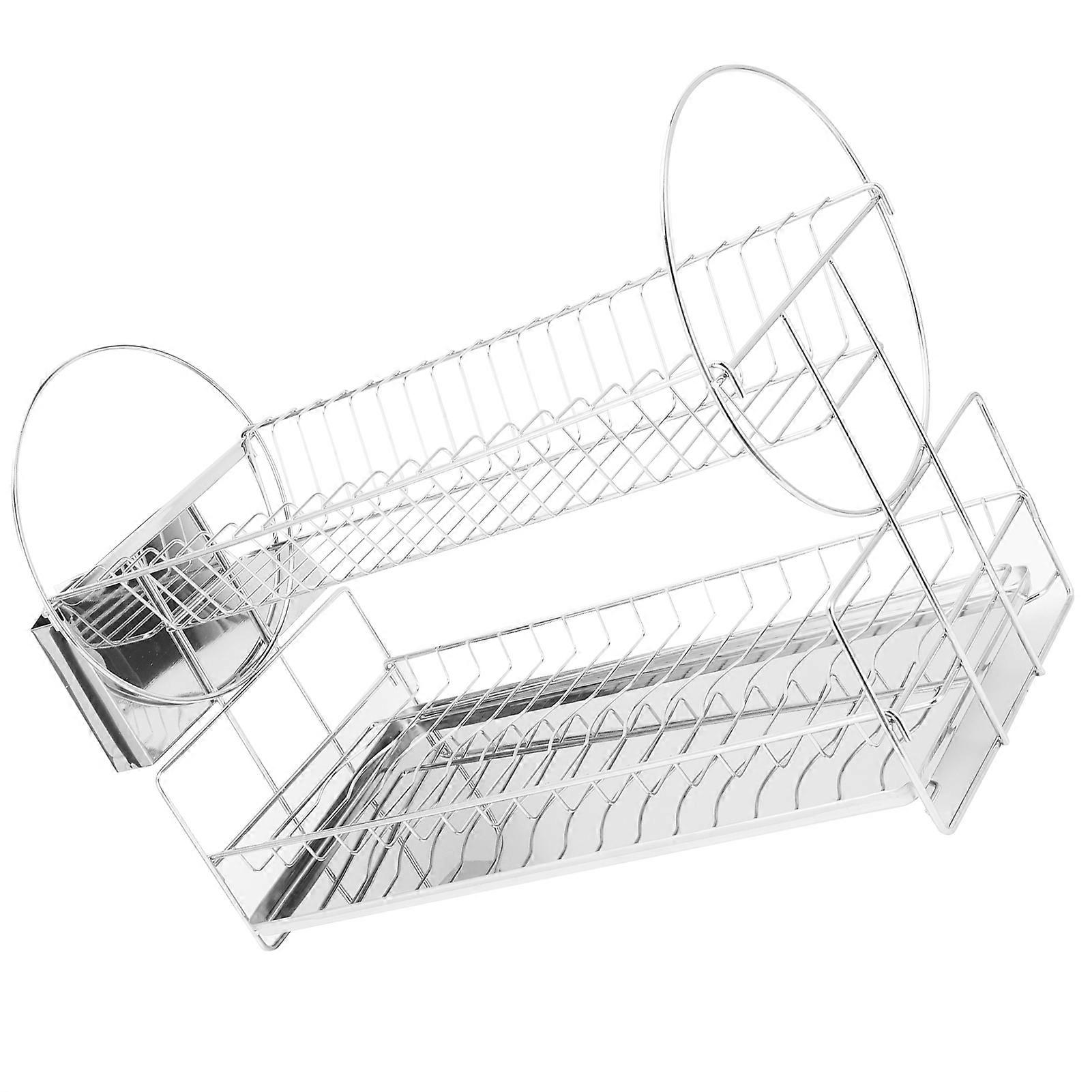 Stainless Steel Double Layer Dish Rack Kitchen Storage Organizer Bowl Draining Rack