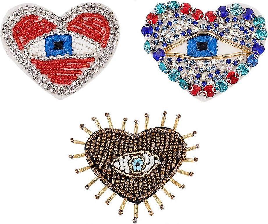 3PCS Beaded Eye Applique Patch Glass Rhinestone Heart Pattern Patches Sew on Evil Eye Appliques Badges Colorful Patches with Polyester Base for DIY Cr