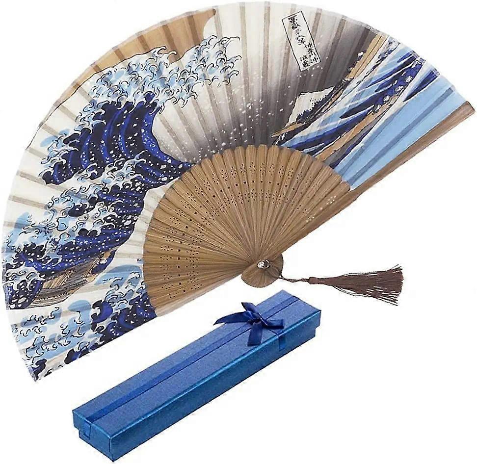 Ventaglio giapponese Wave off Kanagawa Ventaglio pieghevole in tessuto di seta pieghevole con nappa e protezione Ventagli di bambù da donna per reg...