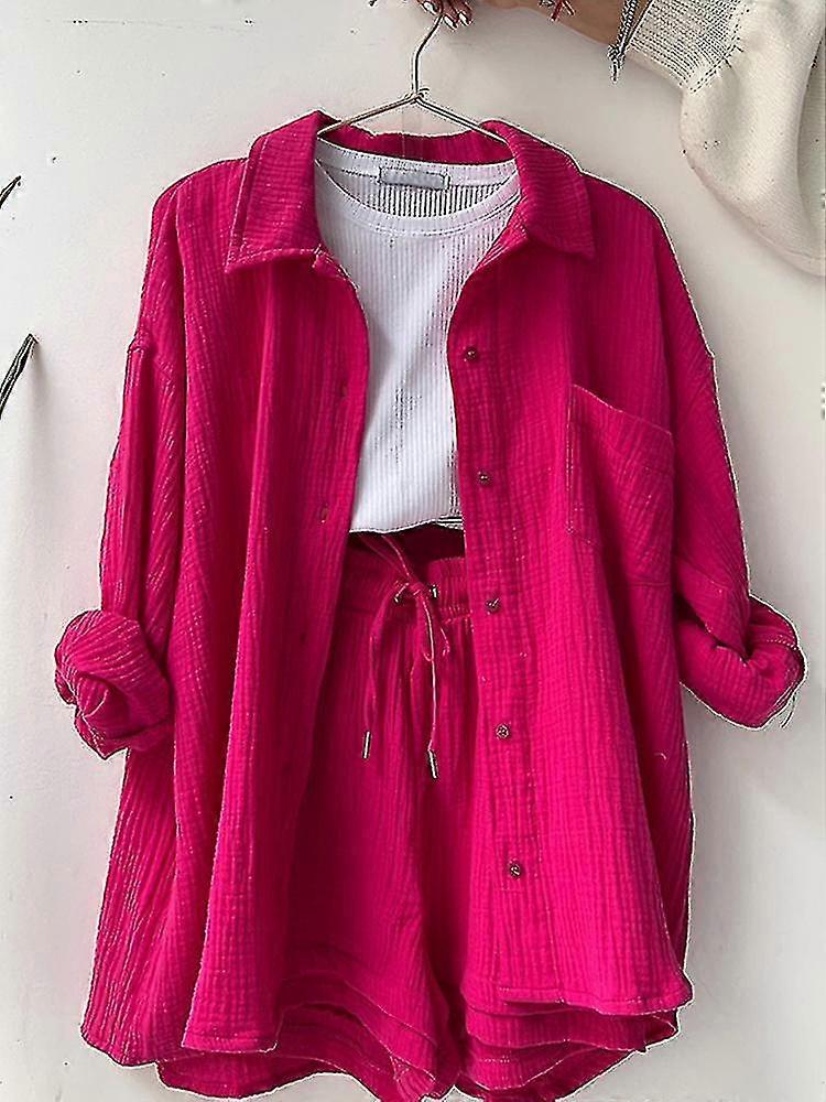 2023 New Cotton Lapel Long-sleeved Shirt 2-piece Women's Single-breasted Top Set Spring Ladies High Waist Drawstring Shorts Set