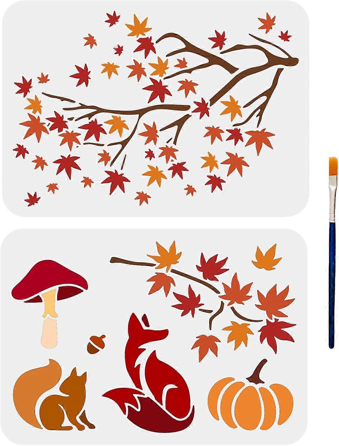 2pcs Autumn Fall Painting Stencils Maple Leaf Mushroom Fox Squirrel Pumpkin Stencils with 1pc Paint Brush 11.78.3inch Reusable DIY Art Craft Autumn De