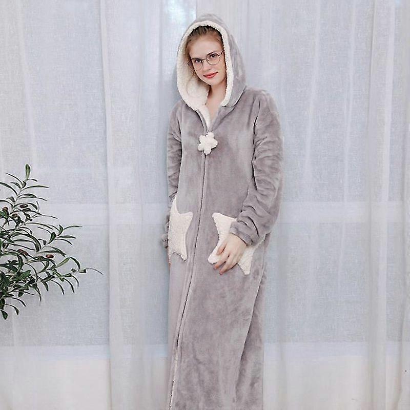 Women's Dressing Gown - Xu19940 - Grey - Hooded Splice Thicken Coral Fleece