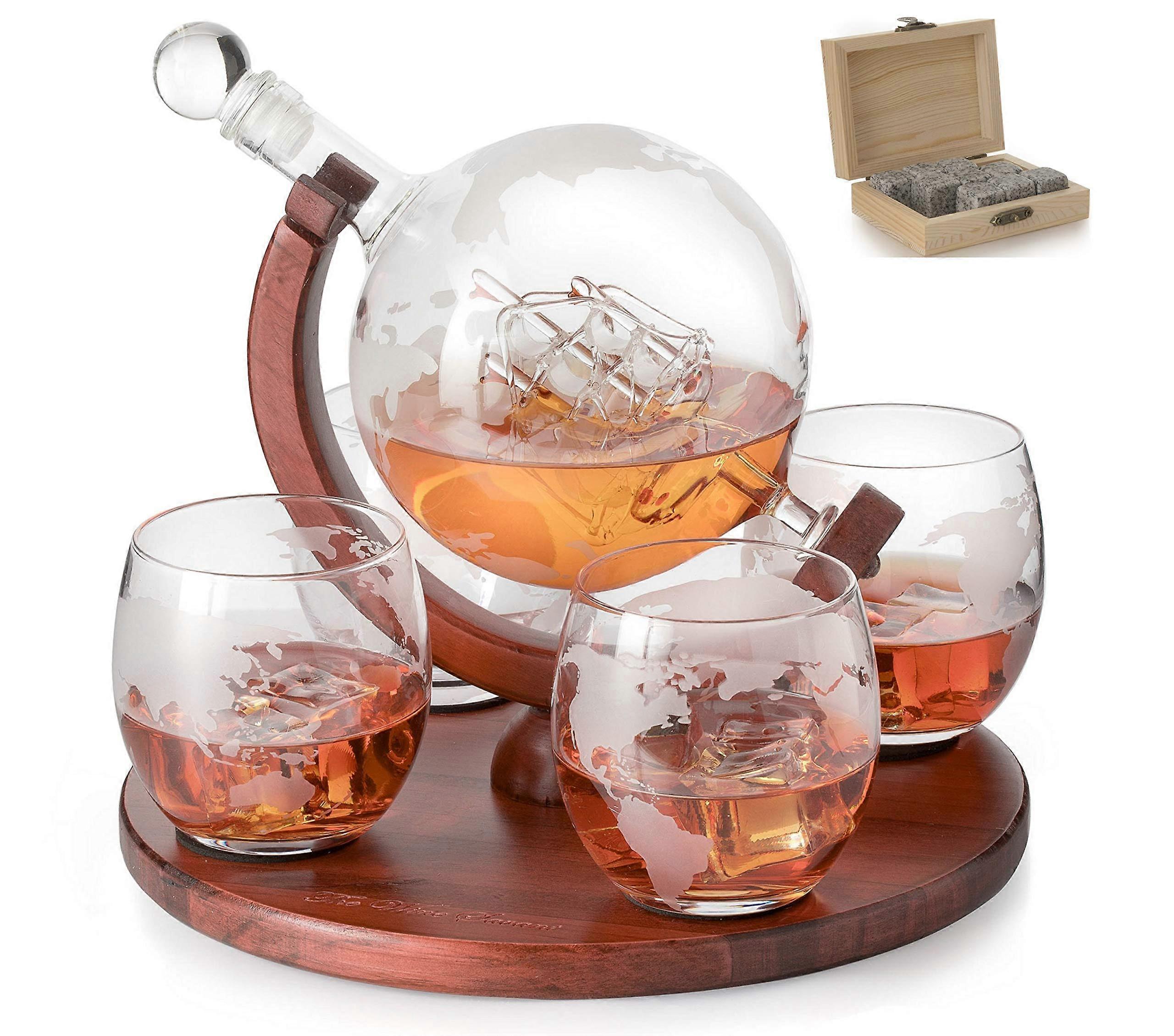 Whiskey & Decanter Globe Set with 4 Etched Glasses, Unique Gifts for Dad, Husband, Boyfriend, Bourbon Lovers