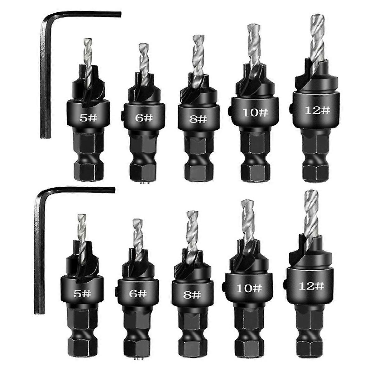 2 Setsx5pcs Countersunk Drill Hexagonal Handle Steel Hole Opener Set Wood Taper Hole Integrated Dri
