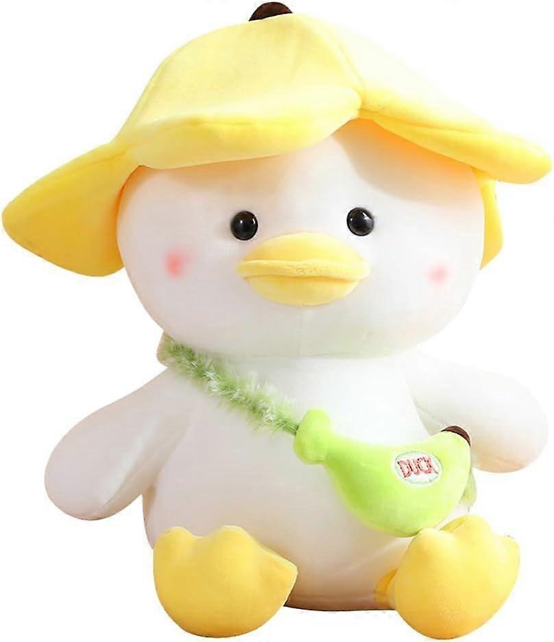ぬいぐるみアヒルぬいぐるみソフトかわいいぬいぐるみアヒルぬいぐるみ子供向けバナナハット付きアヒル詰め物 黄色 9.8インチ