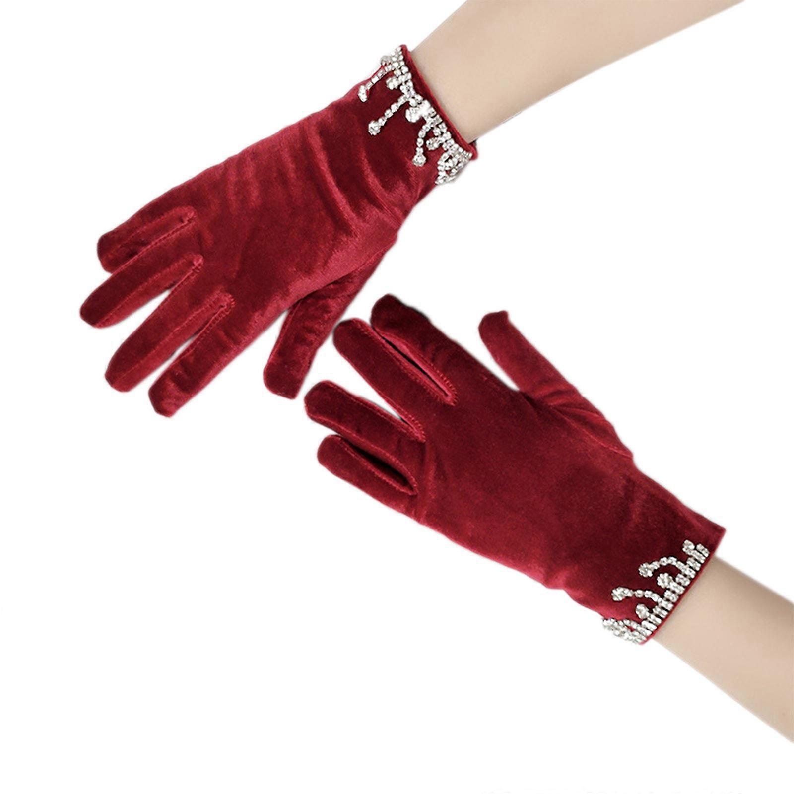 ポリエステルショートグローブ秋冬ディナードレス女性手袋ポリエステル弾性暖かいクリスマスウェディングパーティーグローブレッド