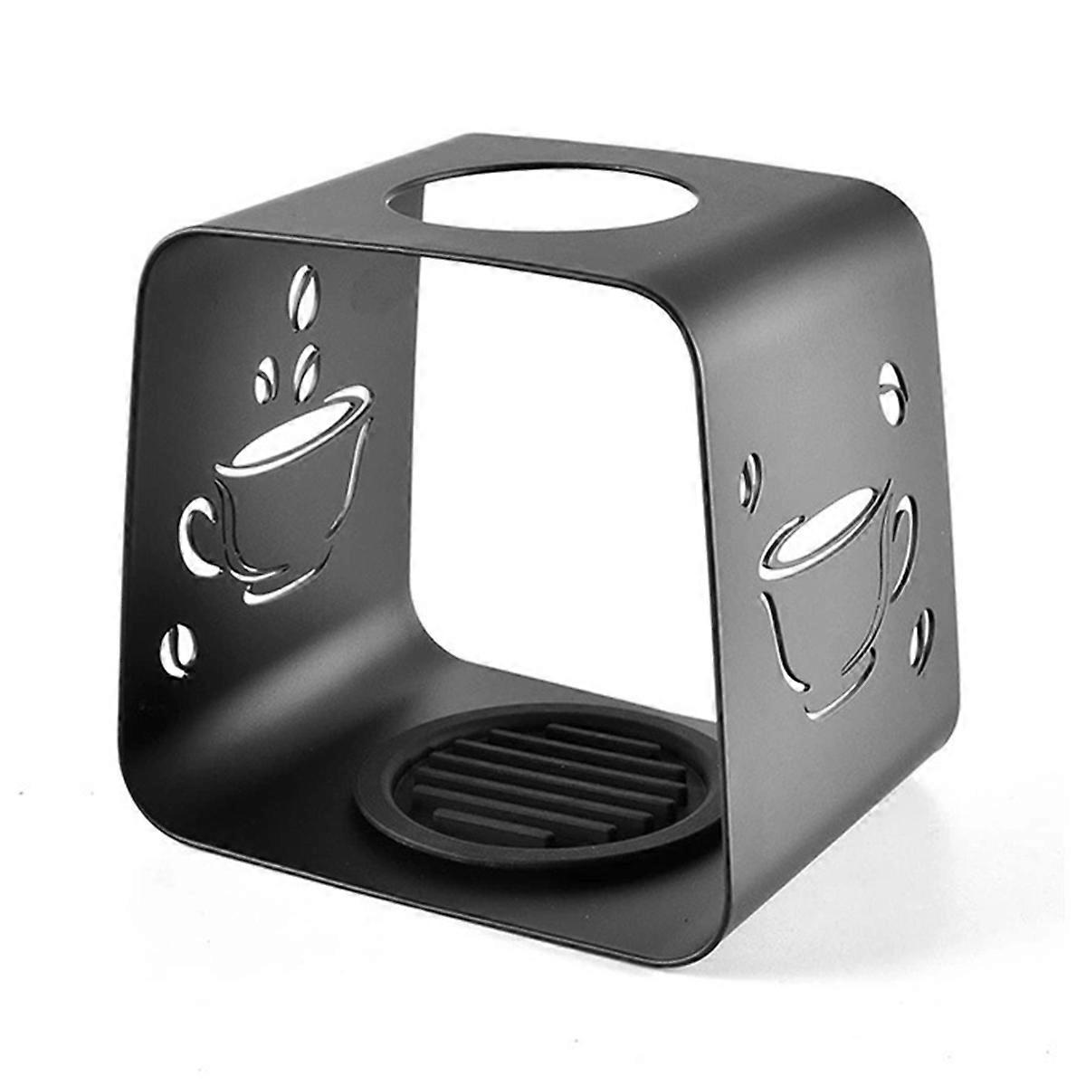 Coffee dripper stand, black metal, portable, for coffee extraction.