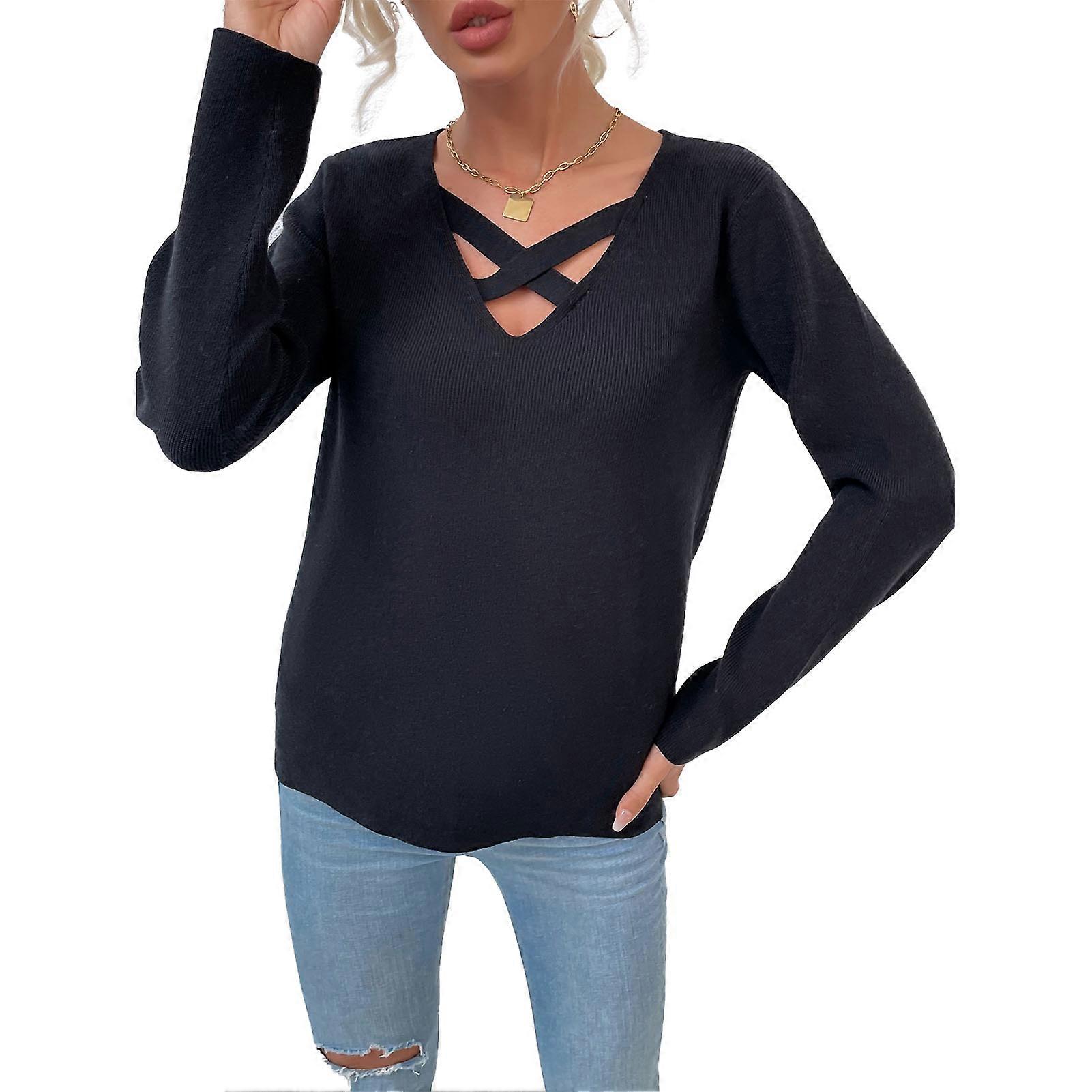 Kvinnor V-hals Criss Cross Höst Tröjor Skjortor Mode Stickad Pullover Casual Långärmad Toppar