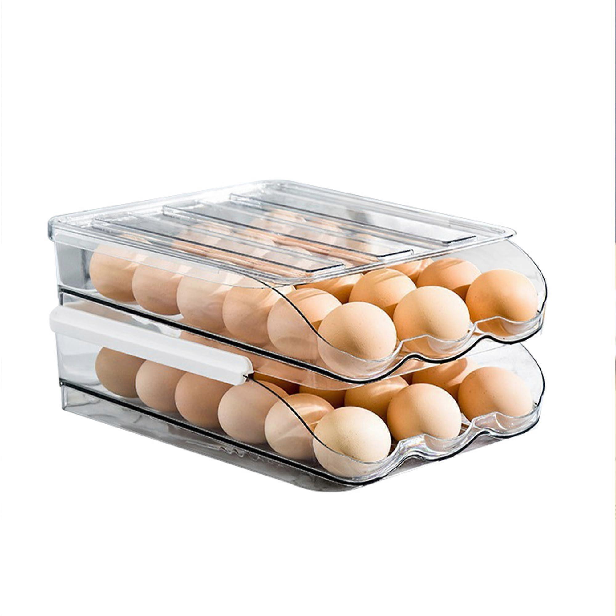 Kitchen Rolling Egg Container for Refrigerator with Lid, Plastic Egg Holder - Pack of 2 Clear