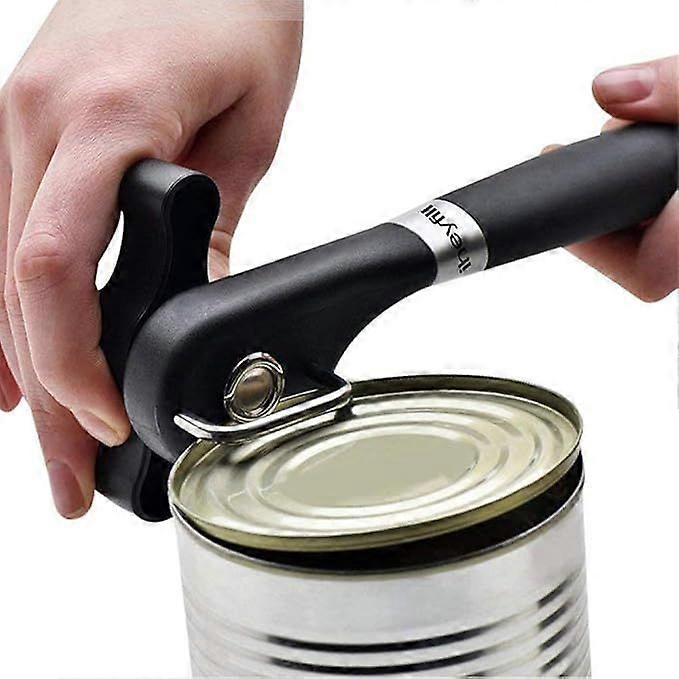 Safety can opener, stainless steel, ergonomic non-slip design, smooth edges, no sharp edges on the cutout, replaceable lid