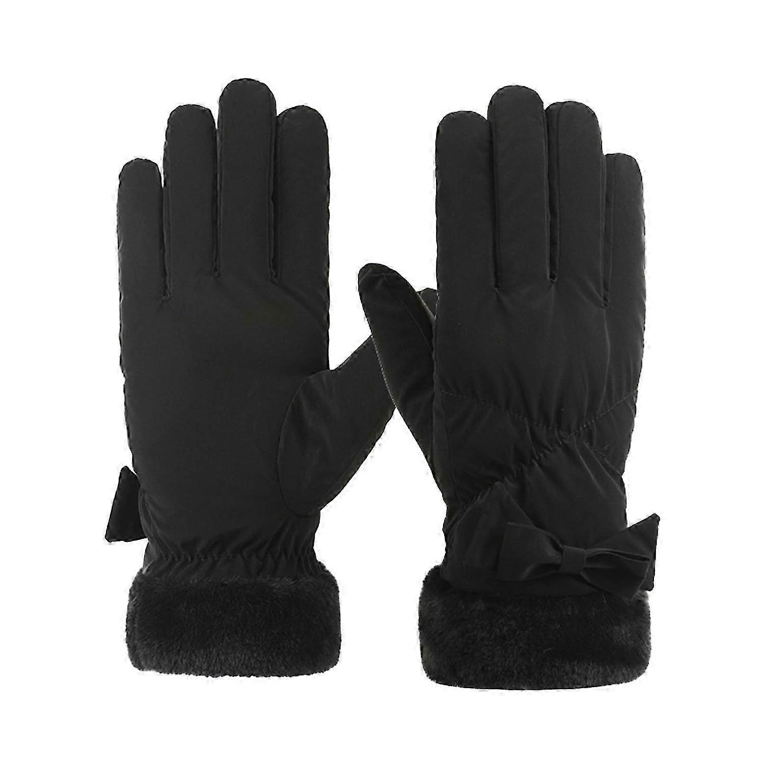 1 Pair Winter Gloves Thick Plush Lining Windproof Warm Cold Resistant Bow Decor Five Fingers Touch