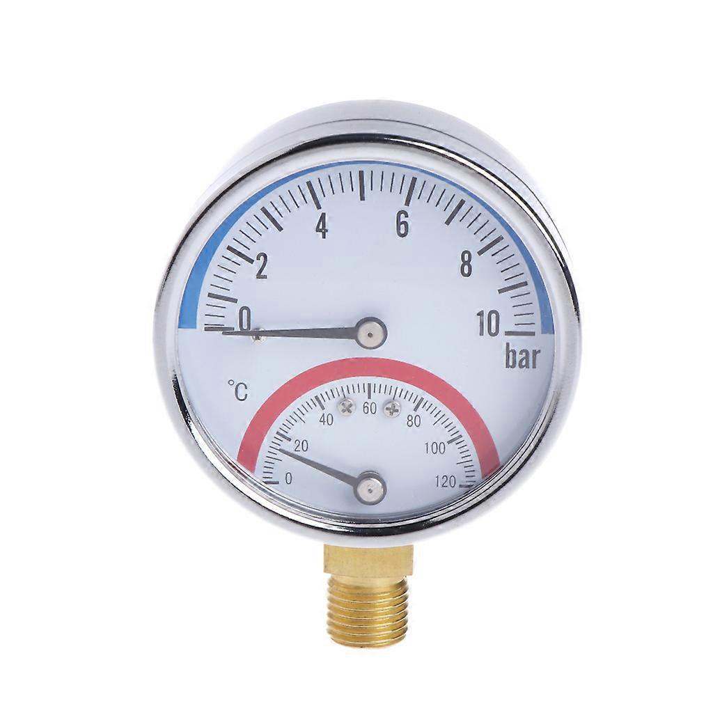Pressure Gauge with Metal for Shell 0-10 Bar Thermometer Temperature Tester Meter 0-120℃ Suitable for Industrial Durable Multicolor
