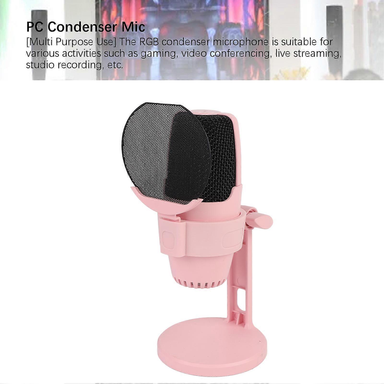 Pink USB Condenser Microphone with RGB Lights for Gaming, Streaming, and Recording